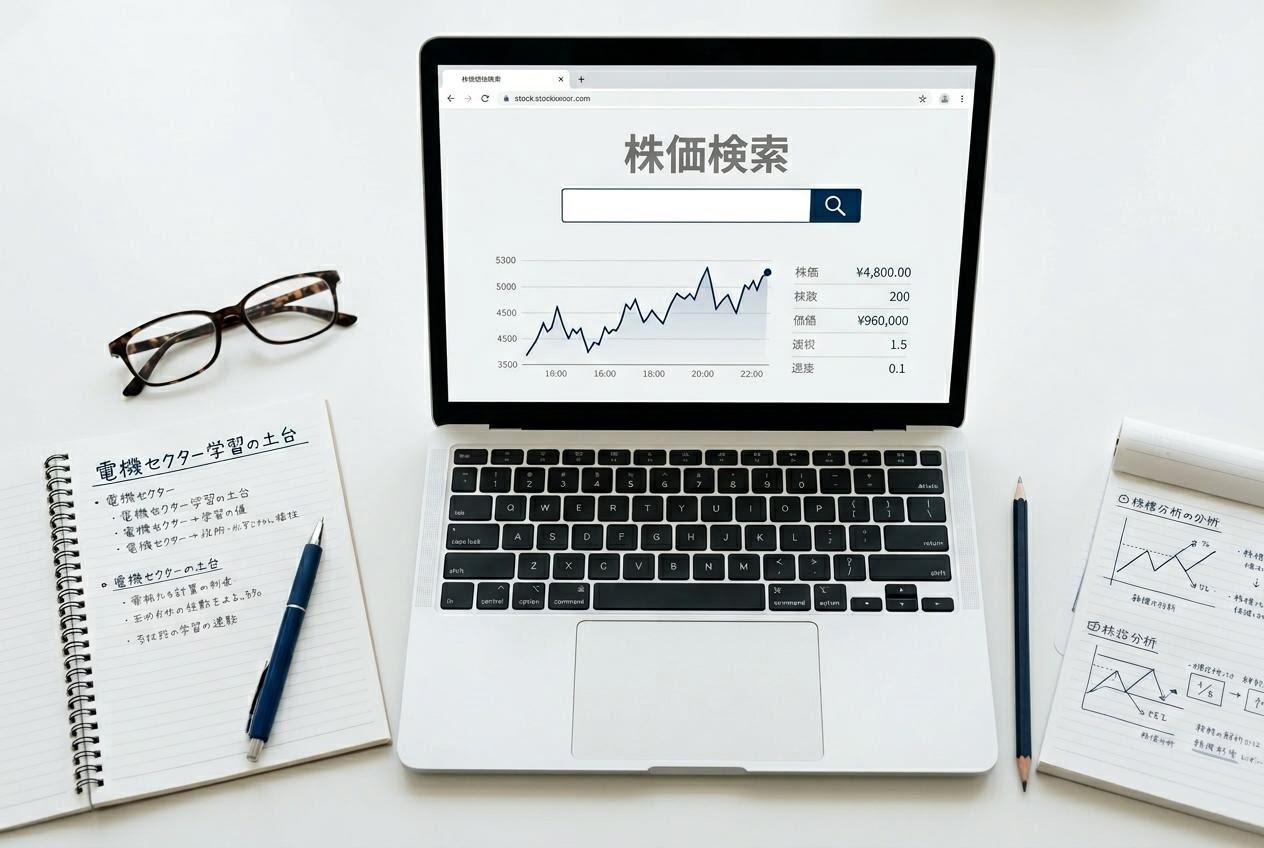 株価検索画面と教材ノート、電機セクター学習の入口