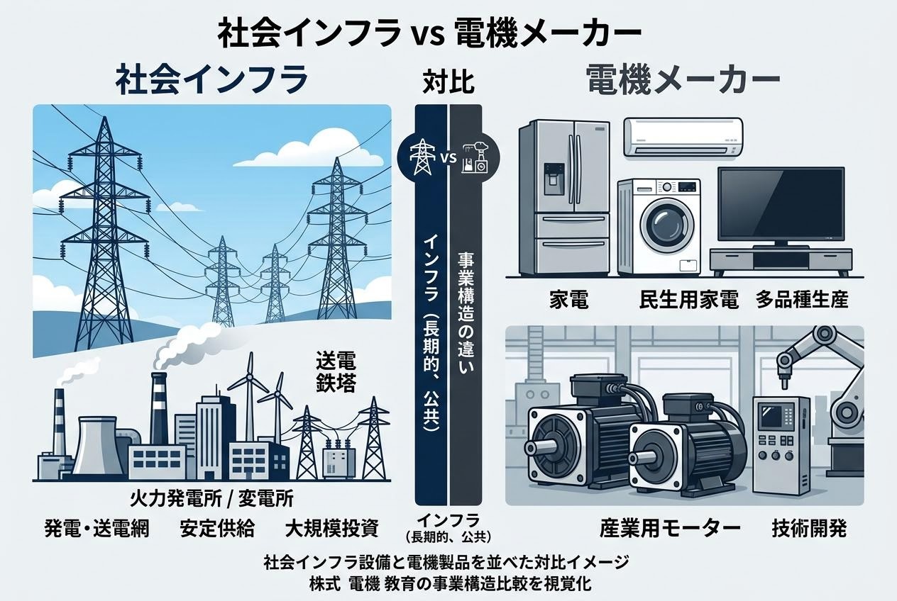 社会インフラ設備と電機製品を並べた対比イメージ