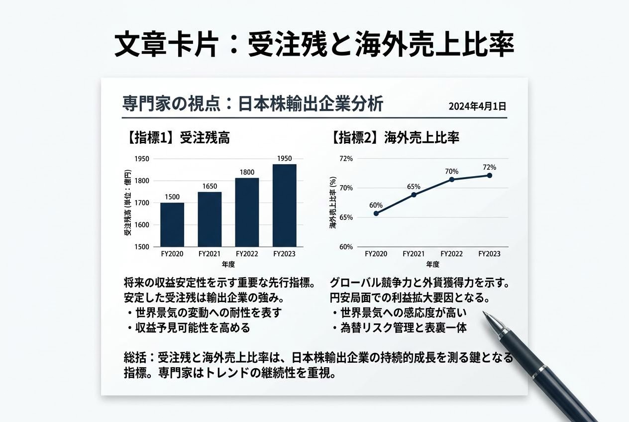 受注残と海外売上比率を示す決算資料のページ