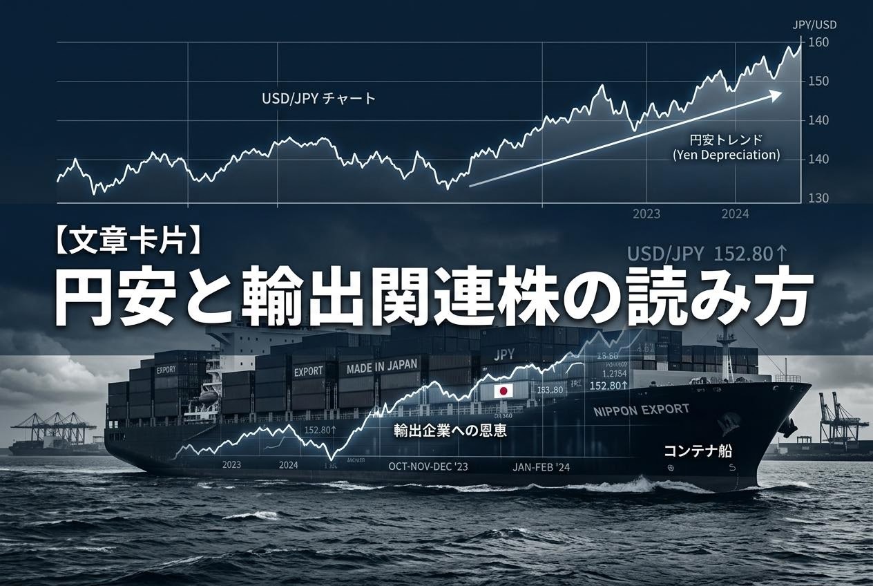 円相場チャートと輸出コンテナ船、為替と輸出企業の関係を示す