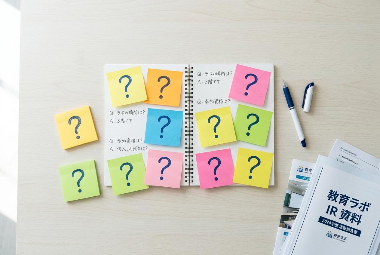 質問メモと IR 資料が並ぶデスク、ラボへのよくある質問を表す