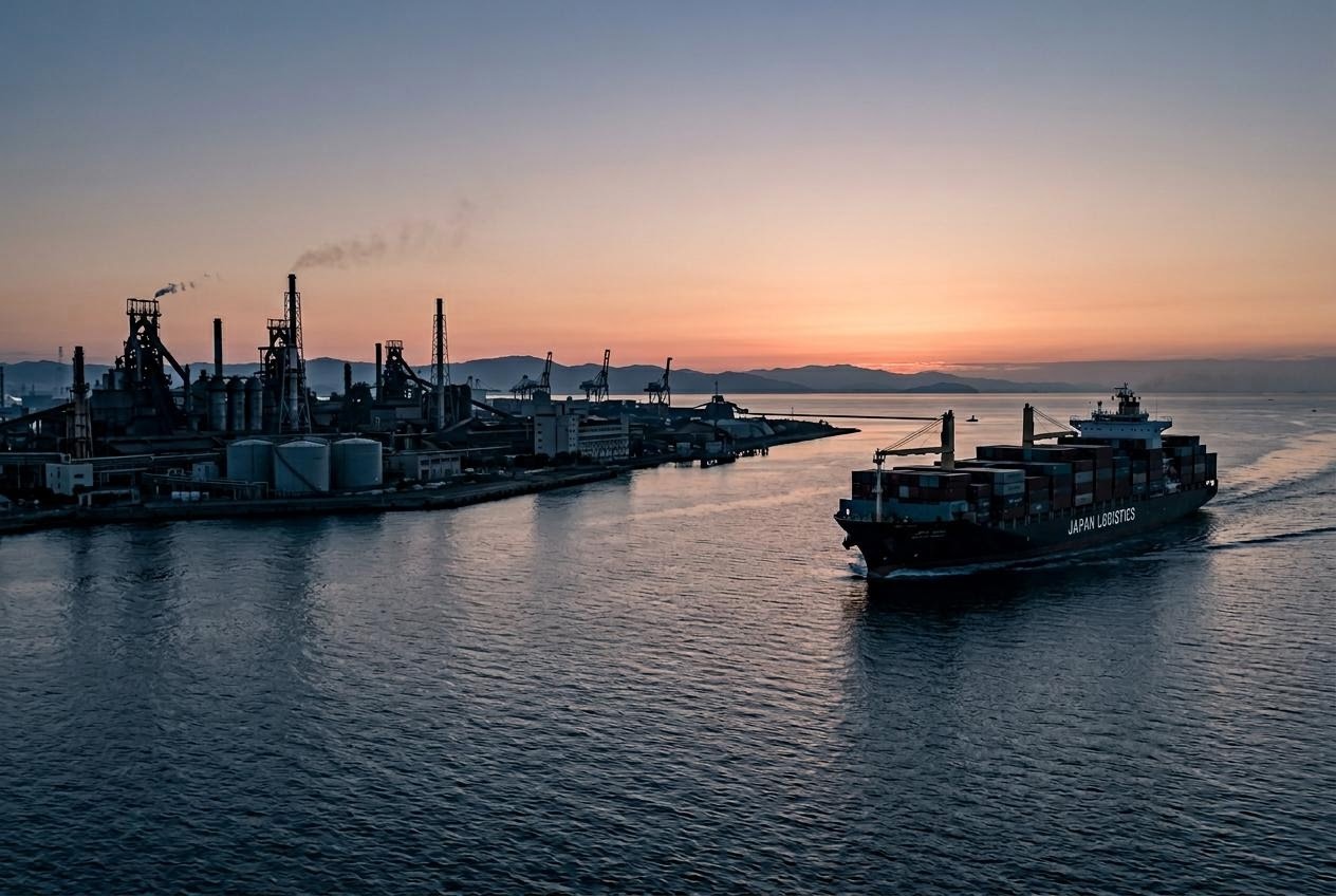 日本の製造業と輸出を象徴するメーカー工場と輸送船の遠景